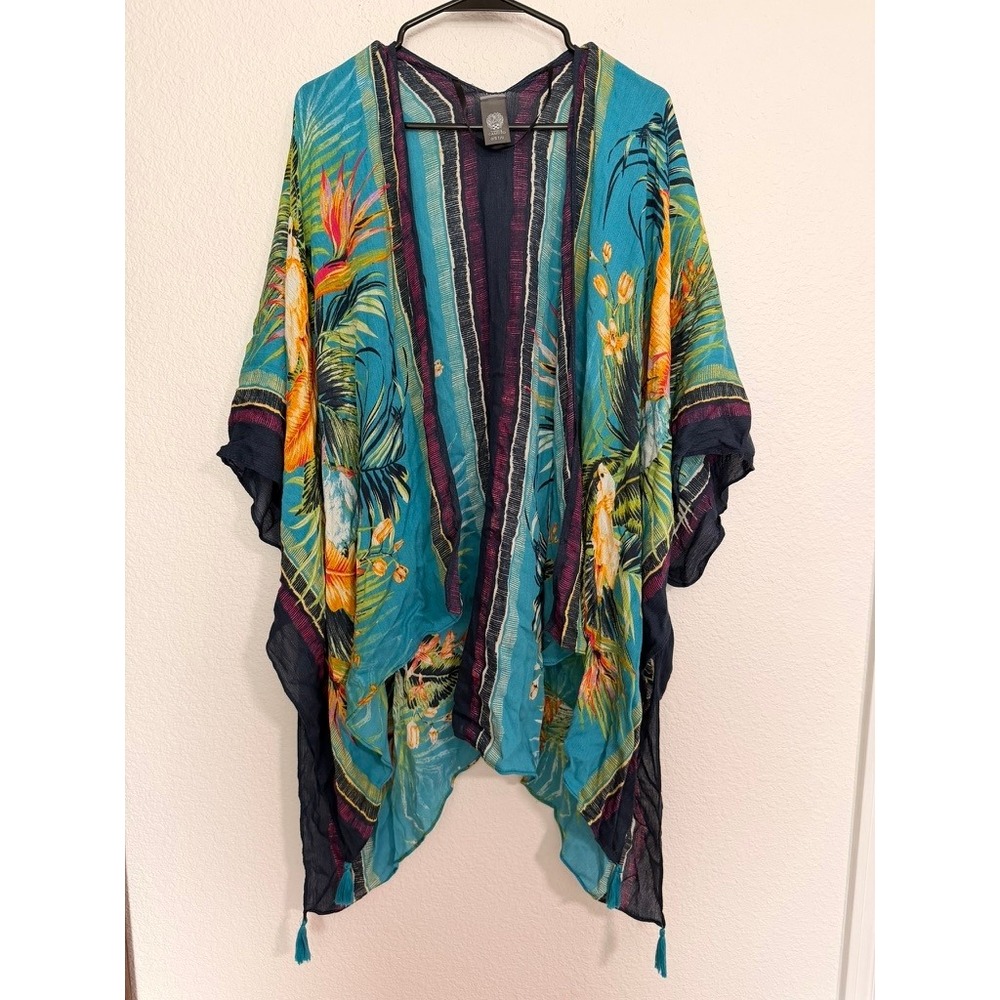 Vince Camuto Teal Tropical Bird Print Kimono Tassel Wrap‎ Cover Up Resortwear OS